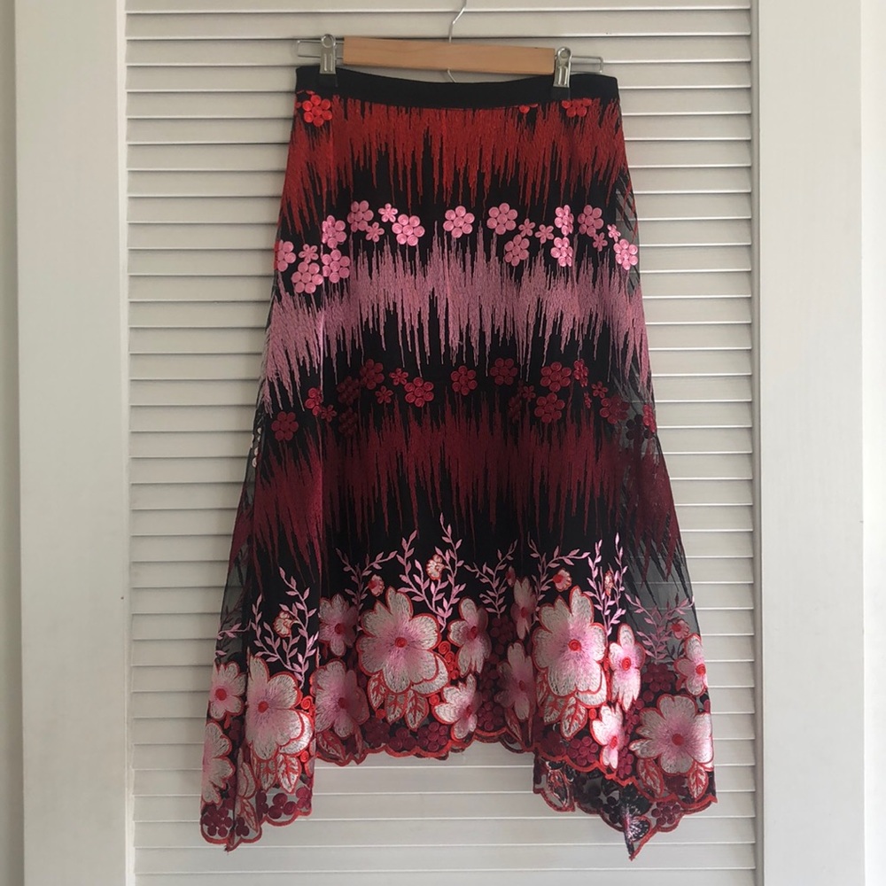 Eva Franco Black Floral Embroidered Midi Skirt